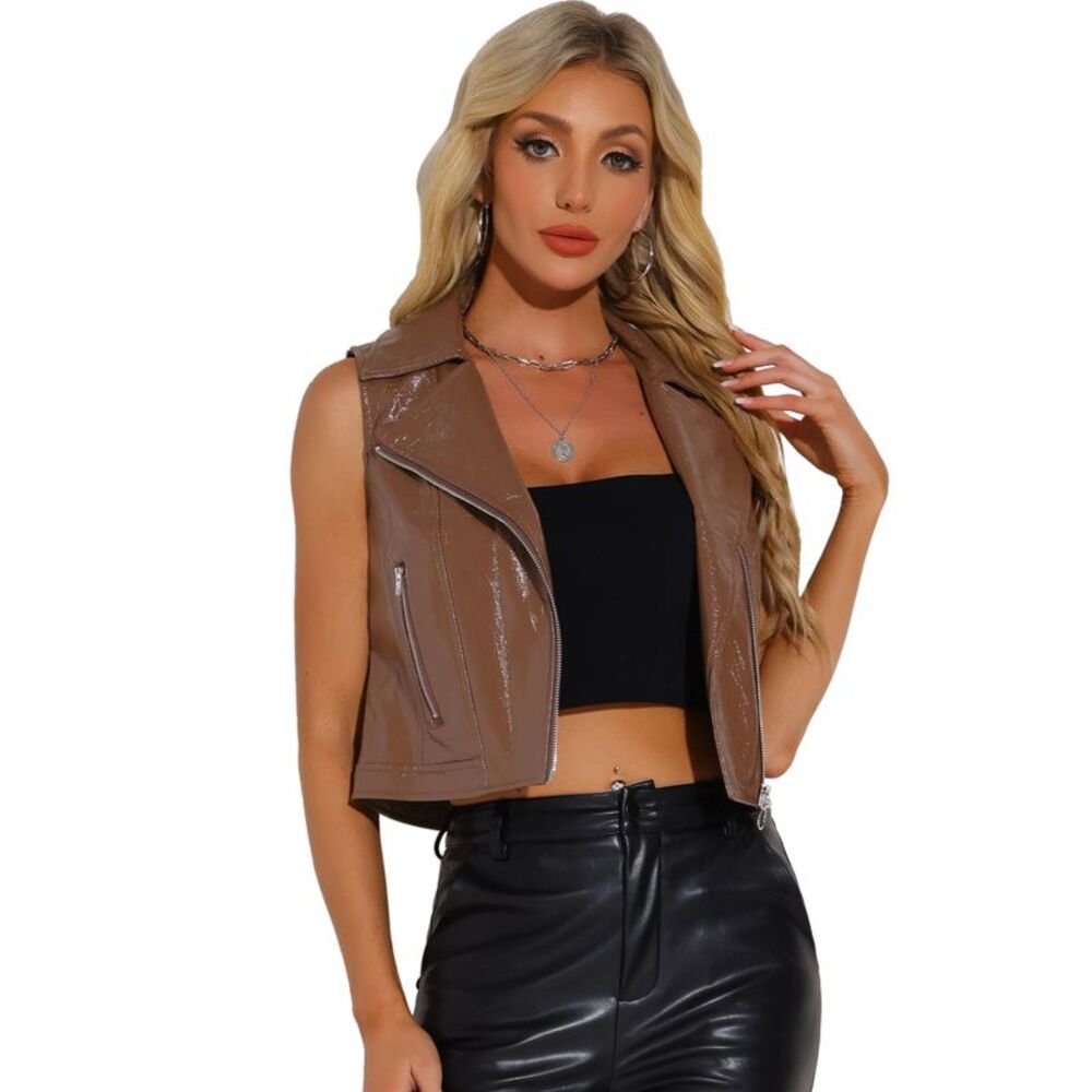 Metallic Faux Leather Vest Lapel Sleeveless Cropped Jacket Coffee Brown